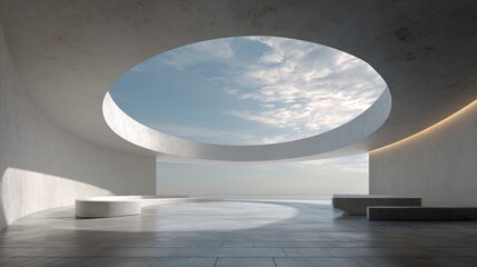 Circular interior with open sky atrium, soft shadows, minimal decor, contemporary design, neutral modern space, 3D rendering