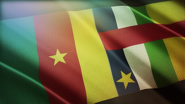 The diagonal and stitched-aligned combined Central African Republic and Cameroon flags are waving in the wind. Concept of Strategic negotiation, national relationship, Conflict, and War. 