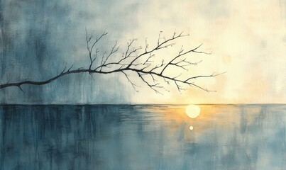 Watercolor painting of light reflection on a wall with a branch vase, featuring pastel colors and a minimalist aesthetic, offering a neutral, elegant background, Generative AI