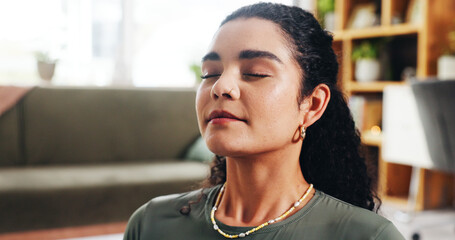 Woman, breathing and fitness for yoga at house for meditation, spiritual healing and holistic...