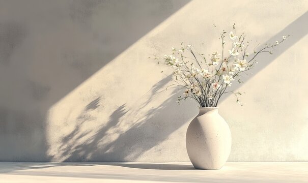 Drawing of a vase with flowers and light reflection, set against an empty wall, rendered in a soothing color palette of beige and natural tones to evoke calm and minimalism, Generative AI