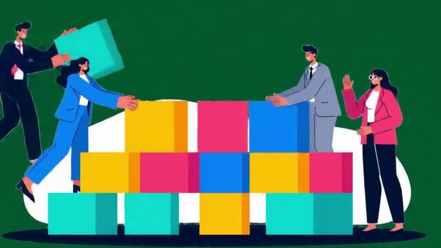 Collaborative Teamwork Building Colorful Blocks Animated Video