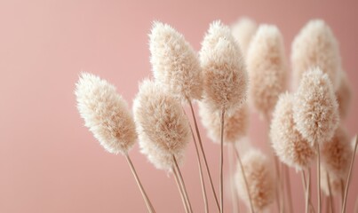 Dried bunny tail grass against a blush pink background, capturing a delicate, feminine aesthetic in a soft, neutral color palette, reflecting natural elements and elegance, Generative AI