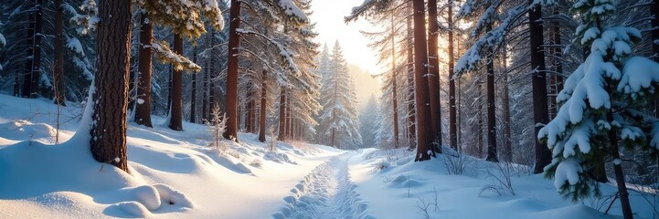 Fototapeta premium Peaceful Winter Hike in Sun-Dappled Pine Forest Crisp Snow, Calm Trees, Serene Landscape