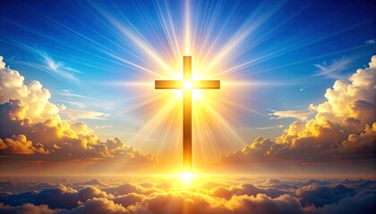 A cross bathed in radiant sunlight above clouds