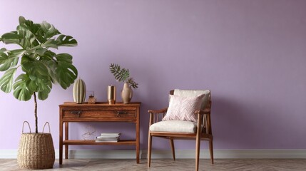Elegant lilac wall backdrop, console table styled with cushions, leafy houseplant, wooden chair nearby, minimal contemporary home decor, 3D rendering scene