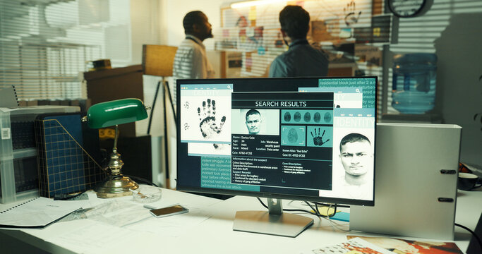 Crime investigation, computer screen or criminal profile for evidence, case report or modus operandi. Detectives, PC display and suspect info in office for digital forensics, arson analysis and leads