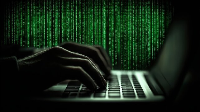 Mysterious Hands Typing on Laptop Surrounded by Green Code Rain