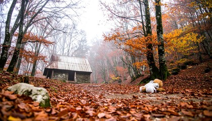 Autumn cabin nestled in a misty forest