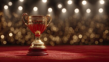 Golden trophy on red carpet under stage lights (1)