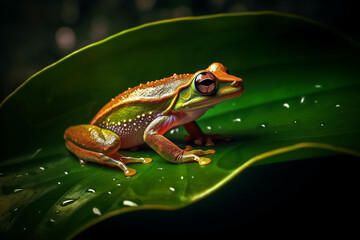 A green frog sits on a green leaf with raindrops.Generative AI