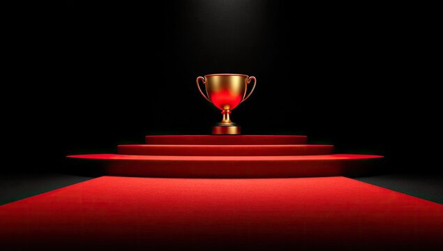 Gold trophy on red steps