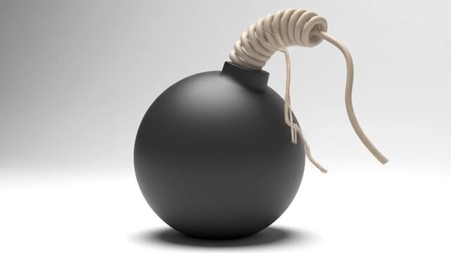 A minimalistic black bomb with a coiled fuse on a light background.