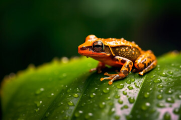 A green frog sits on a green leaf with raindrops.Generative AI
