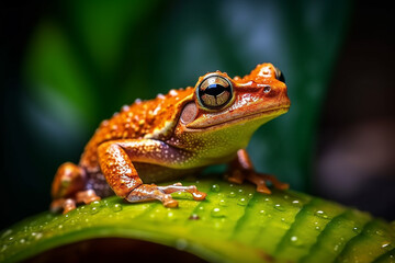 A green frog sits on a green leaf with raindrops.Generative AI