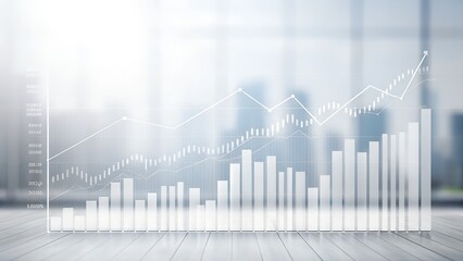 Financial growth bar chart overlayed on city skyline background