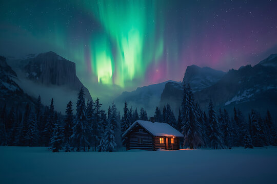 Aurora night. A glowing cabin in snowy pines beneath vibrant aurora night sky, AI-generated - Powered by Adobe
