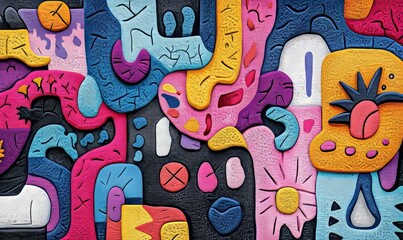 Obraz premium Vibrant seamless pattern of layered graffiti art on a concrete wall, showcasing a myriad of colors, shapes, and styles that embody urban street culture, Generative AI