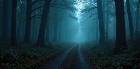 Fototapeta premium Eerie, misty path winding through a dark forest, disappearing into the fog A sense of mystery and the unknown pervades the scene Ideal for Halloween, fantasy, or horror themes , vibe, mist