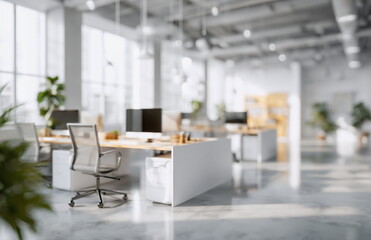 Fototapeta premium Modern empty office interior with desks and computers, bright daylight, minimal design, clean workspace, corporate atmosphere, and professional business environment.