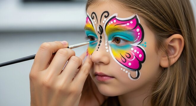 Girl with Butterfly Face Paint Being Applied | Close Up of Child Getting Colorful Face Painting Design for Parties and Celebrations