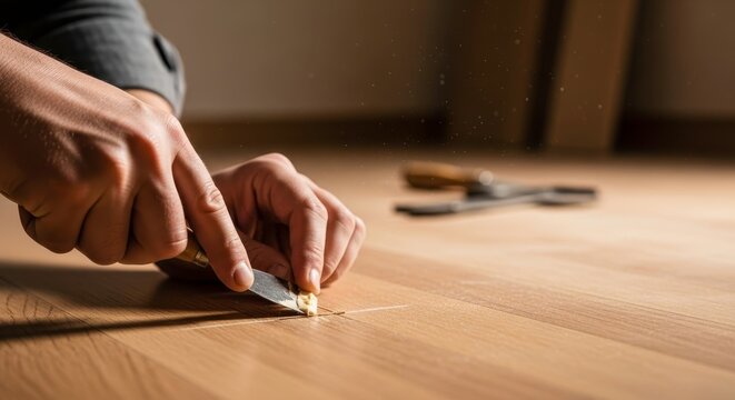 Repairing Wood Floor Scratch: Close-up on Hands & Blade