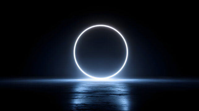 Glowing neon circle hovering in black void with soft reflections and a clean minimal futuristic ambient glow