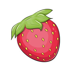 Cartoon strawberry illustration, cute berry clipart. Vector illustration of a ripe strawberry in cartoon style. Juicy red berry with green leaves, isolated on white background.