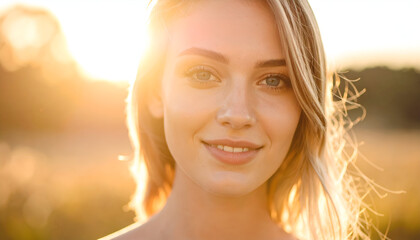 Golden Hour Woman Portrait with Summer Field.