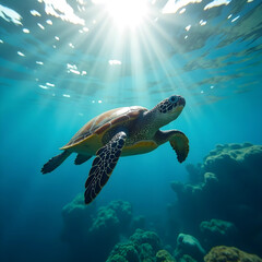 Obraz premium A Sea Turtle Swimming in the Ocean with Sun Rays from Above
