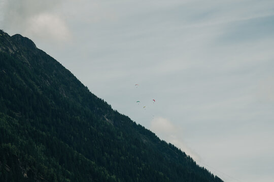 Paraglider's in the valley in Chamonix France in summer