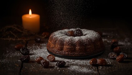Moody food photography of prune cake with warm candlelight, rustic wooden background, and scattered dried prunes around the cake.