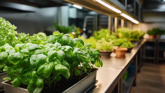 A row of potted plants with green leaves are on a table. Closeup of hydroponic mint and basil plants in restaurant kitchen,vertical farming restaurant, fresh natural muted tone