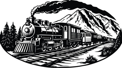 Scenic Train Journey Vintage Locomotive on Mountain Rails in Black and White Illustration