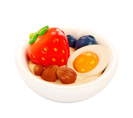 3D Healthy Breakfast Bowl with Strawberry, Blueberry, Egg, Hazelnuts and Yogurt