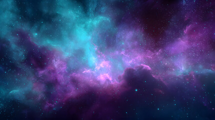 Fototapeta premium Vibrant cosmic nebula with glowing magenta and cyan gas clouds and sparkling starfield in a surreal deep space scene