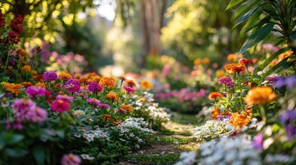 A lush garden filled with vibrant flowers bathed in warm summer sunlight, creating a dreamy atmosphere.