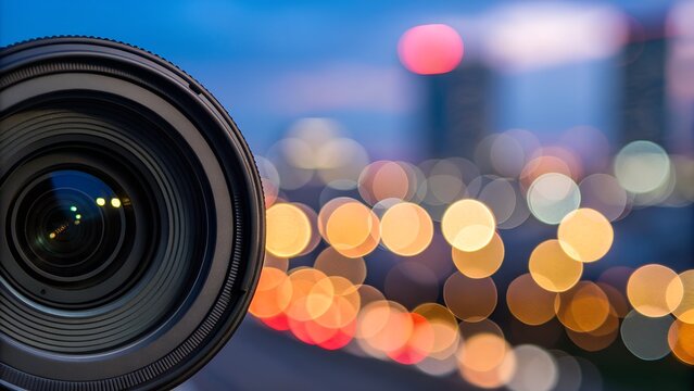 Close up of a camera lens with a bokeh city background