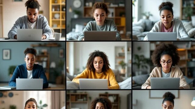 Diverse professionals working remotely, collaborating through laptops, embodying digital connectivity and flexible career environments - Powered by Adobe