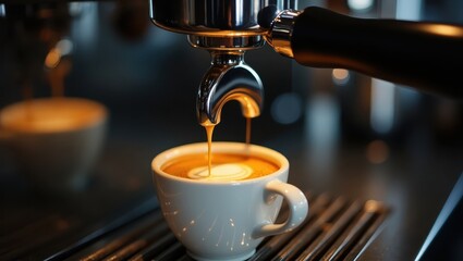Aromatic coffee being poured into a white cup, showcasing a latte art design.