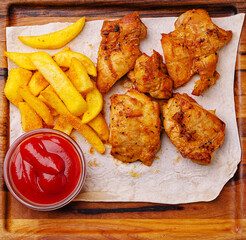 Crispy fried chicken, golden fries, and tangy sauce on a wooden board