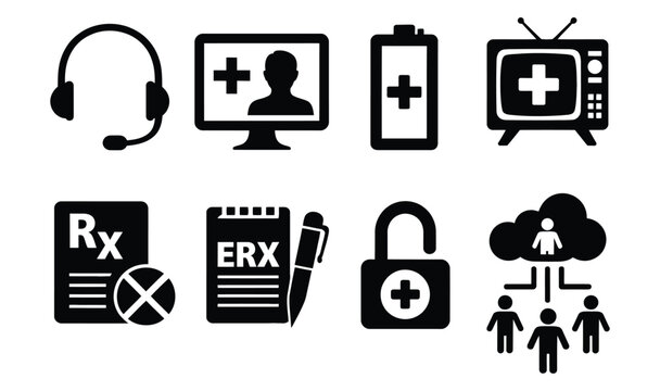 Vector art of healthcare icons, including headset, monitor, battery, television, rx, erx, padlock, and cloud, representing telemedicine and digital health solutions