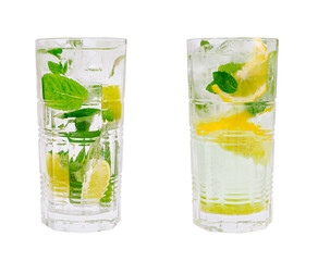 Refreshing mint and lemon beverages in clear glasses with ice cubes