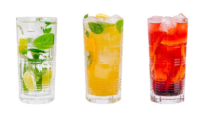 Refreshing summer drinks served in tall glasses with ice and garnishes