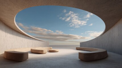 Spacious circular architectural design, open view to sky, minimal modern decor, smooth materials, airy serene ambiance, 3D rendering