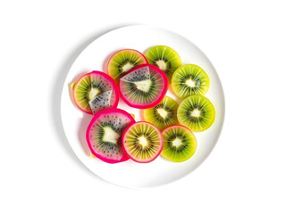 Minimal White Plate of Sliced Dragon Fruit and Kiwi with Negative Space Top Down