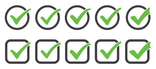 Collection of clean check mark designs in green and black, including tick boxes, approval icons, and success validation graphics for digital projects and branding.