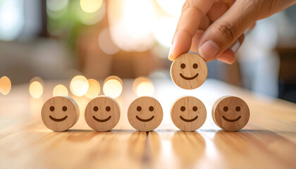 Hand placing happy face with customer satisfaction.