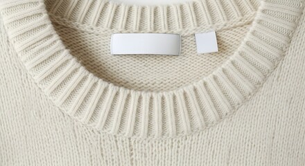 Closeup of a beige knitted sweater collar with a blank white label and a small tag, highlighting fabric texture and garment details
