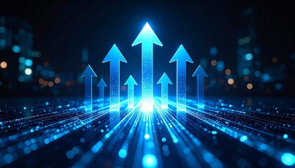 Futuristic financial growth concept, 3D arrows pointing upward with glowing digital background